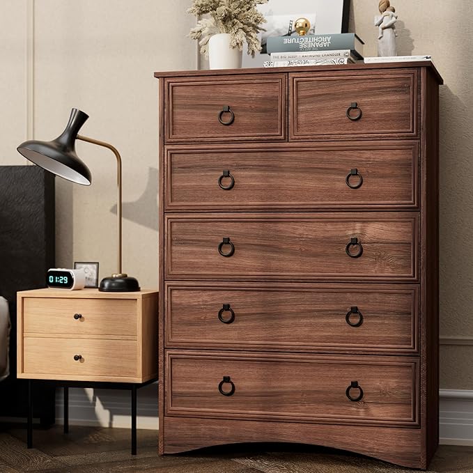 Dresser for Bedroom Tall, Mid Century Modern 6 Drawer Dresser, Cherry Wood Chest od Drawer with Large Storage for Clothes, Vintage, for Living Room, Bedroom, Hallway