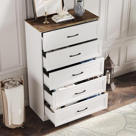 Fameill Dresser for Bedroom, 5 Drawer Wide Dresser Organizer, TV Stand for Livingroom, Chest of Drawers with Metal Handles, Farmhouse White