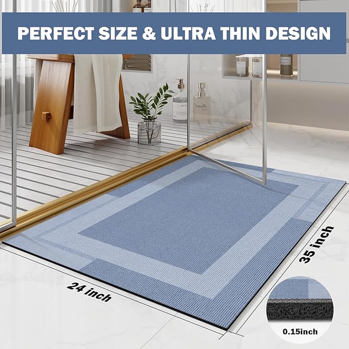 Non Slip Bath Mat, Rubber Backing Ultra Thin Bathroom Rugs Fit Under Door Quick Dry Super Absorbent Washable Bath Rug Shower Mat for Bathroom Floor Bathtub Shower Sink, Easy Care Blue 24"x 35"