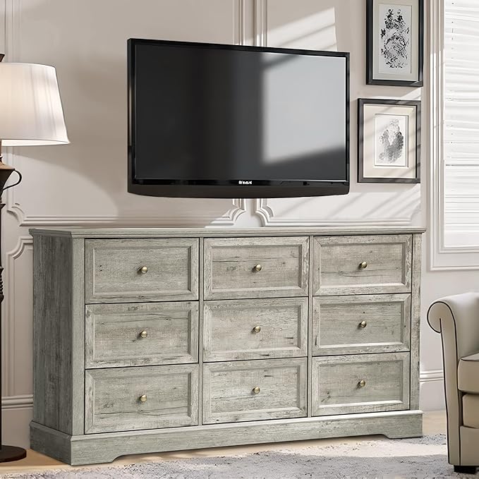 Farmhouse Dresser 9 Drawer, Bedroom Chest of Drawers, Dressers with 9 Drawers, Wooden Dressers for Bedroom, Living Room, Tv Stand, Entryway (Grey-9 Drawers)