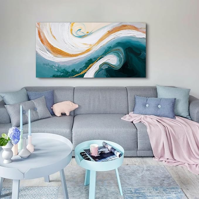 XLSJERST Abstract Canvas Wall Art for Living Room - Large Nave Blue and White Wall Decor Picture Modern Orange Painting Artwork for Bedroom Home Office Decoration Size 48x24 Inches