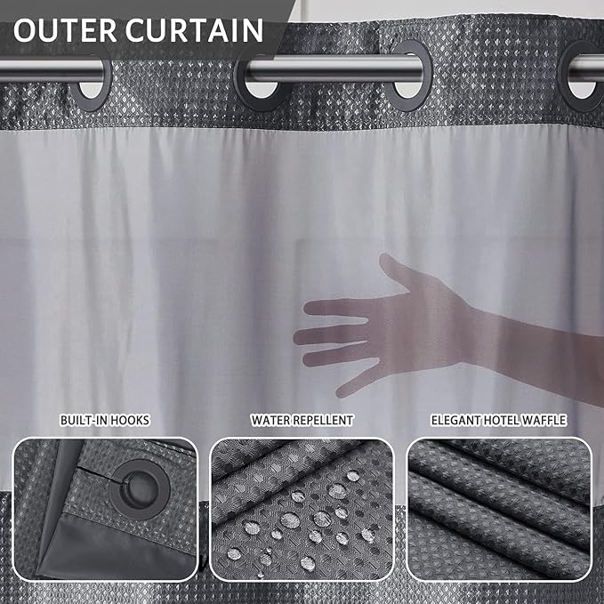 Furlinic Extra Long 84 Inch Shower Curtain with Snap in Liner Set,No Hook Waffle Weave Bathroom Curtains,Honeycomb Textured,Hotel Style with See Through Window,Waterproof,Gray,71x84 Inch