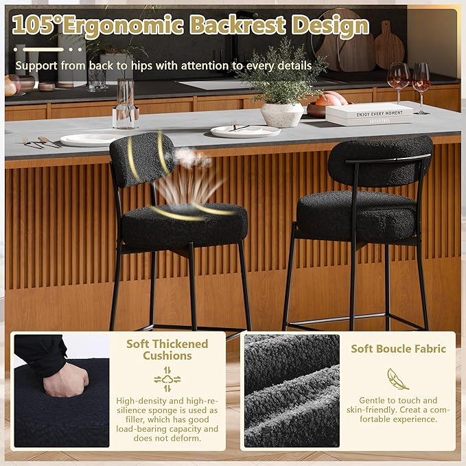 DYHOME Black Bar Stools Set of 2, 24 Inches Modern Counter Height Bar Stools with Curved Back Metal Legs, Upholstered Boucle Barstools for Kitchen Island, Cafe