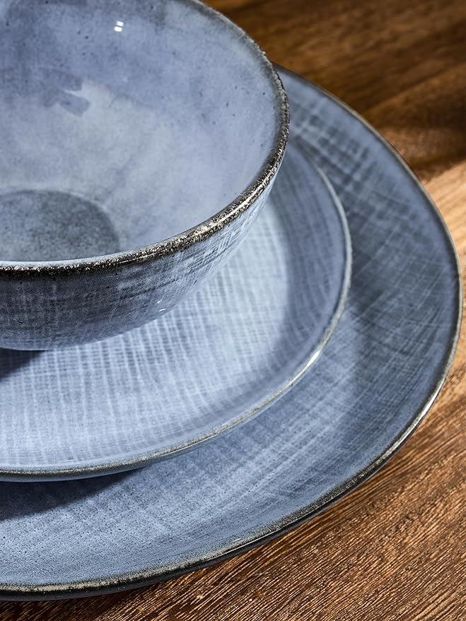 Famiware Moonlight Plates and Bowls Sets, 12 Pieces Stoneware Dinnerware Sets with Linen Finish, Handmade Dishware Set for 4, Microwave and Dishwasher Safe, Chip and Scratch Resistant, Blue