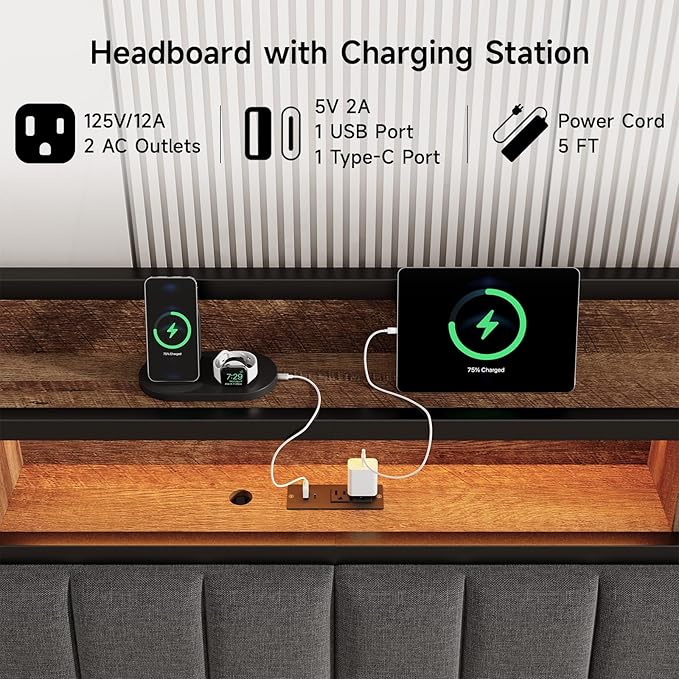 Ergonomic Headboard for King Size Bed with 2-Tier Storage, Upholstered Headboards with Outlets, USB Ports, LED Light, King Head Board Only, Height Adjustable, Sturdy and Stable, Black & Brown