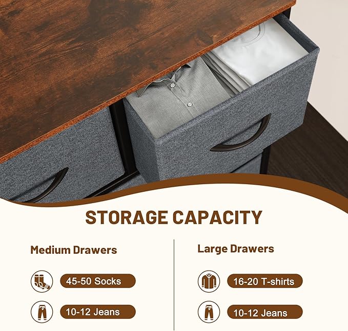 Dresser for Bedroom with 9 Drawers, Chest of Drawers, Storage Drawers Organizer Unit, Grey Wide Fabric Dresser with Fabric Bins for Closet, Living Room, Entryway (Grey and Rustic Brown)