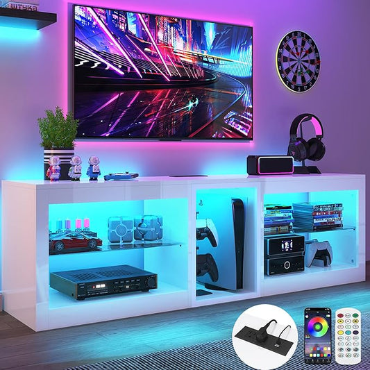 Vinctik 6&Fox LED TV Stands w/Power Outlet,60,00-Colors Lighting for 65 70in TV, 63" Modern High Gloss Entertainment Center,TV Console W/Adjustable Glass Shelves for Living Room Game Bedroom (White)