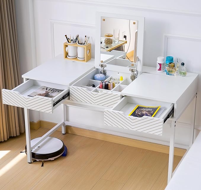 TEKAMON 47" Makeup Vanity Desk with Mirror，Girls Vanity Dressing Table for Bedroom, Wood Home Office Desk with 2 Drawers, Writing Study Desk with Cable Management, White