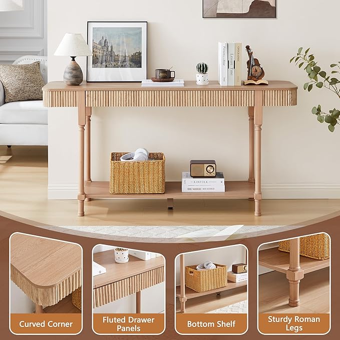 63” Console Table with 2 Drawers, Retro Entryway Table with Fluted Panel & Storage Shelf, Narrow Long Behind Couch Tables Accent Sofa Table with Solid Wood Legs for Living Room Foyer Hallway(Natural)