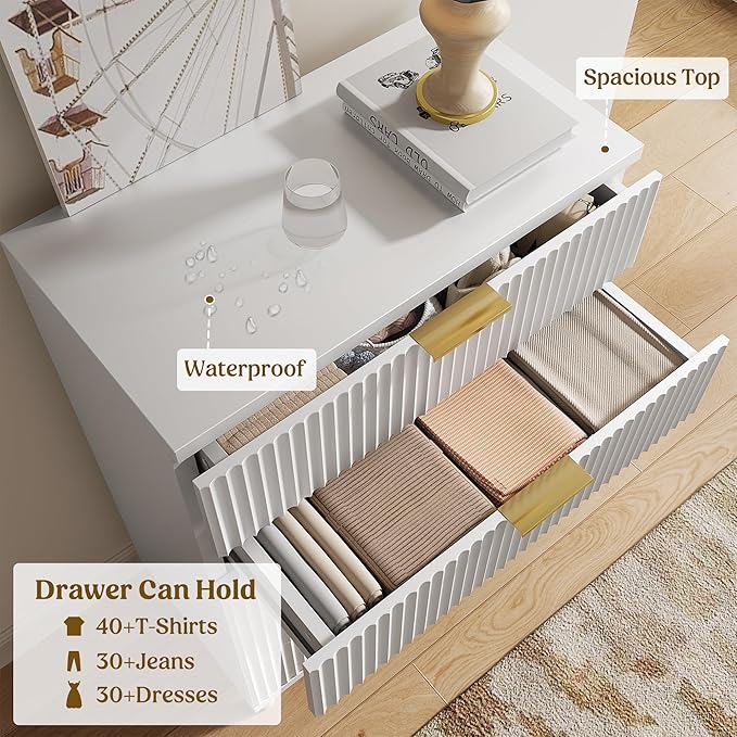 Lulive White Dresser for Bedroom Wood Tall Dressers Drawers, Fluted Modern Dresser 5 Drawers White