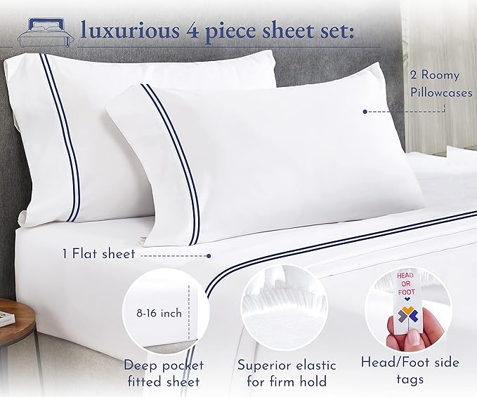 California Design Den Luxury King Size Sheet Set - 100% Cotton, 600 Thread Count Deep Pocket King Sheets, Hotel-Quality Bedding with Sateen Weave - White Embroidered Navy