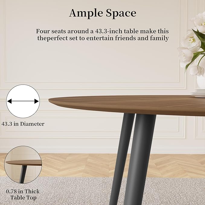 43.3 Inch Round Dining Table Set for 4, Modern Small Kitchen Coffee Set for Dining Room Kitchen Apartment (Walnut Table + 4 Brown Chairs)
