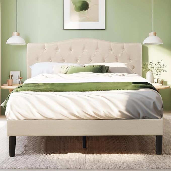 VECELO Queen Size Platform Bed Frame with Fabric Upholstered Headboard and Wooden Slats Support, No Box Spring Needed/Easy Assembly,Beige
