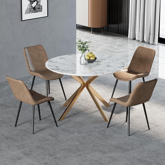 46.4" Round Dining Table Set with 4 Chairs, Modern Dining Set with Comfortable PU Leather Chairs, Sturdy MDF Table with X-Shaped Base, Easy Assembly, Ideal for Dining Room or Kitchen