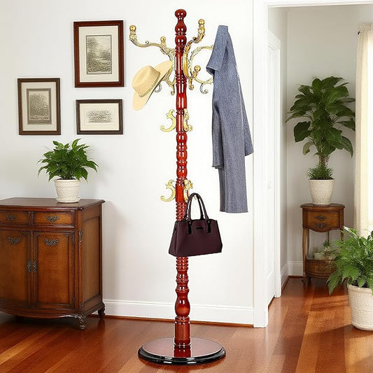 73”Vintage Wooden Coat Rack Freestanding With 14 Hooks and Sturdy Round Base。3-level Adjustable Vintage Wooden Coat Rack.Coat Rack Stand for Living Room Bedroom Office (Begonia)
