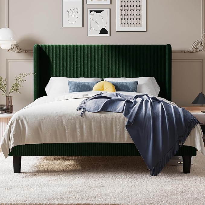 Allewie Queen Size Bed Frame with Upholstered Wingback Headboard, Vertical Channel Tufted Corduroy Velvet Platform Bed, Strong Wooden Slats Support, No Box Spring Needed, Easy Assembly, Dark Green