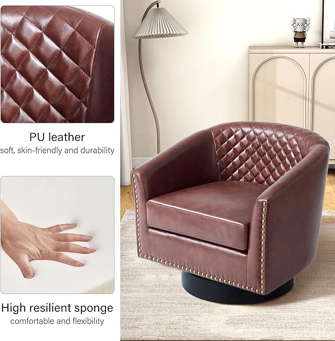 Swivel Barrel Accent Chair, Comfy Modern Upholstered Round Faux Leather Arm Chair for Living Room, Bedroom（Red Brown, Set of 4