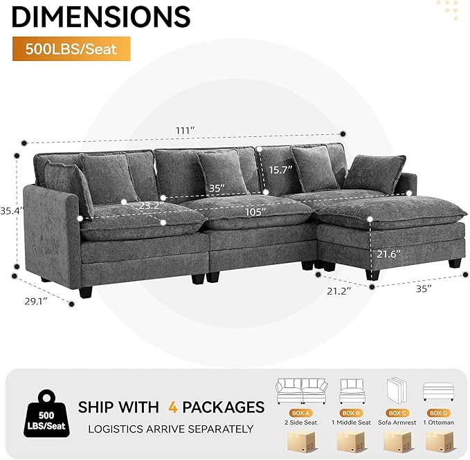 111'' Sectional Cloud Deep Seat Couch, Modern Comfy Chenille L Shaped Sectional Sofa for Living Room Set, Upholstered Modular 4-Seats Sofa Couch with 1 Movable Ottoman, Grey