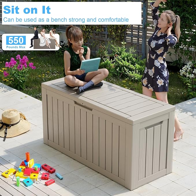 Vixzen 86 Gallon Resin Deck Box, Lockable Outdoor Storage Box for Patio Cushions Storage Furniture,Garden Tools, Pool Supplies, Weatherproof and UV Resistant- Grey