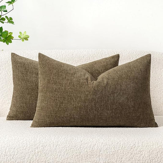 MIULEE Pack of 2 Coffee Throw Pillow Covers 12x20 Inch Soft Chenille Pillow Covers for Sofa Living Room Couch Solid Dyed Cases