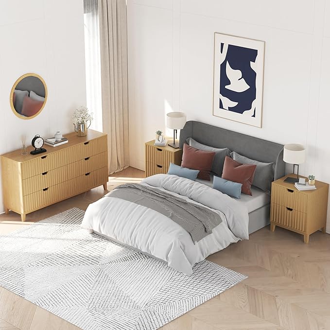 Fluted Dresser for Bedroom 6 Drawer, 58" Wide Large Wood Dresser, Chest of Drawers for Bedroom, Living Room, Hallway, Entryway, Modern TV Stand Drawer Organizer, Natural