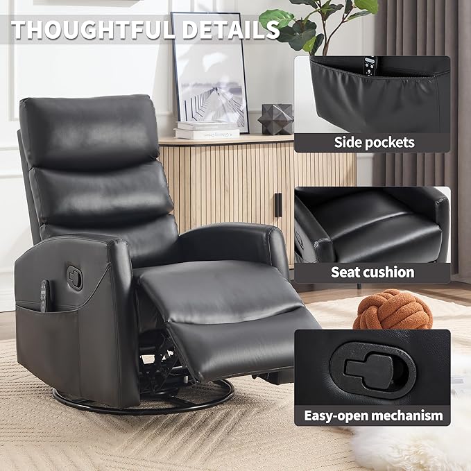 PELUMY Massage Recliner Chair with Heat - Manual Rocker Swivel Recliner, 360° Rotation & 155° Recline for Living Room（Breathable Leather, Black）