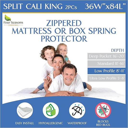 Split California King (2PC) Mattress or Box Spring Encasement (8"-11" Depth) Waterproof Zippered Protector Hypoallergenic Premium Bedbug Cover Protects from Dust White