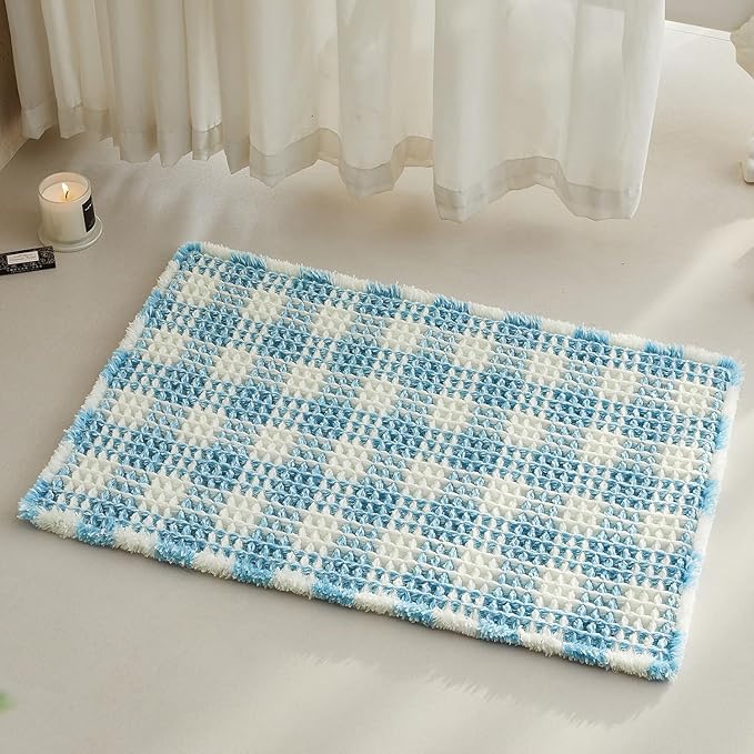 Waffle Bath Mat, Boho Bathroom Rugs Non Slip Washable Absorbent Checkered Bathroom Mat Quick Dry Cute Bath Mat, 30"x20" Blue and White