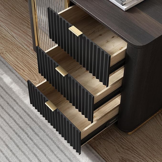 Lartis Office Desk, Very Easy to Assemble, Computer Desk, Home Telescopic Writing Desk, Modern Computer Desk with Retractable Cabinet Built-in LED Lights (Black Brown, 53 in)