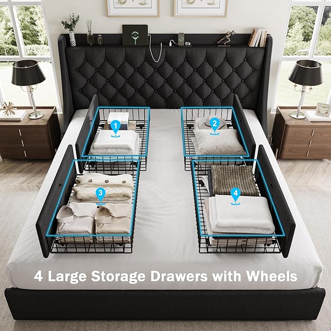 King Size Bed Frame with 4 Storage Drawers, Giant Upholstered Wingback Headboard, Fast Charging Station, No Box Spring Needed, Noise-Free, Black