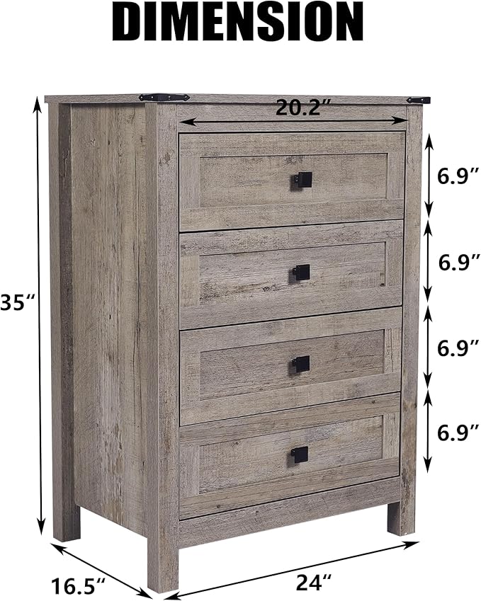 Farmhouse 4 Drawers Dresser, Wood Double Dresser Chest of Drawers Wide Storage Organizer Cabinet for Bedroom, Living Room, Rustic Grey