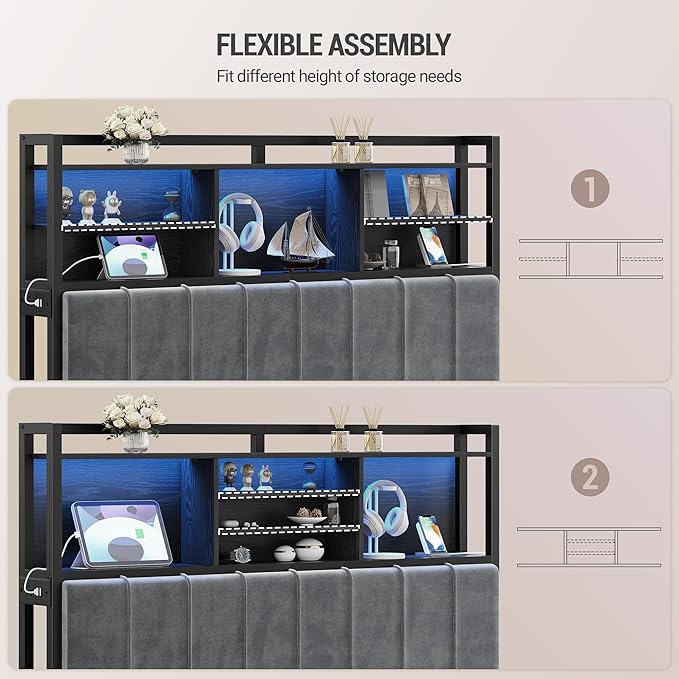 Headboard with 3-Tier Storage Shelves, Velvet Upholstered Head Board with 2 Outlets, USB Ports & LED Light, Soft Backrest for Queen Size Bed, Black BH15204B