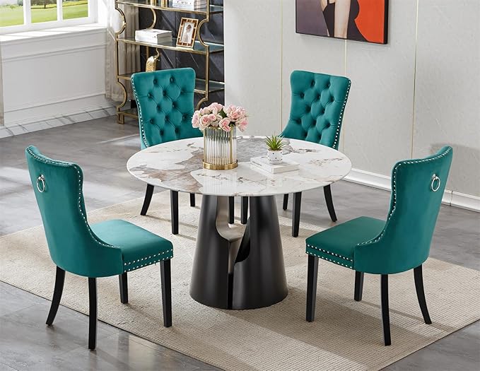 5-Piece Faux Marble Round Dining Table Set for 4, Modern Luxury Kitchen Table Set for 4 with Green Tufted Chairs,Circle Dining Tables with Pandora Grain Top and Black Pedestal Base