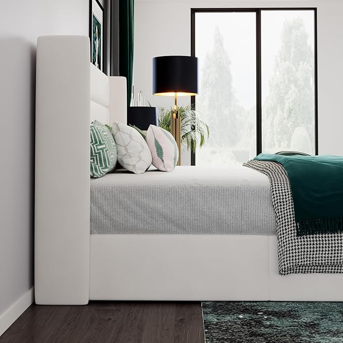 SHA CERLIN King Size Lift Up Storage Bed/Velvet Upholstered/Modern Wingback Headboard/Upholstered Platform Bed Frame/Hydraulic Storage/No Box Spring Needed/White