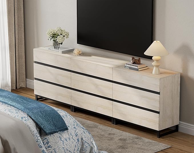 WAMPAT Modern TV Stand for TVs up to 100 inch, Entertainment Center TV Console with 9 Drawers and Metal Base, Media Console for Living Room, Bedroom, Light Oak