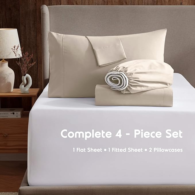 Nestl Split King Sheet Set - 1800 Ultra-Soft Microfiber Bed Sheets - Double Brushed - Deep Pockets - Easy Fit - 5 Piece Set - Bed Sheets & Pillowcases (Split King Size, Beige Cream)