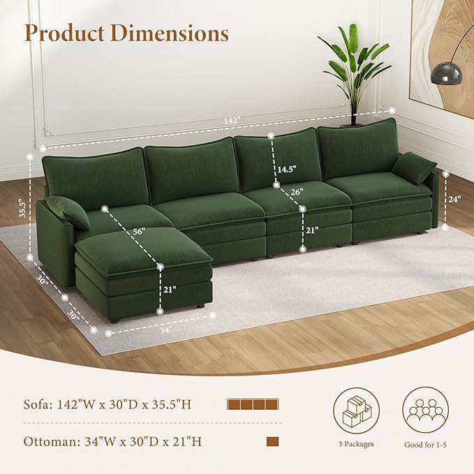 Vesgantti 142" Cloud Couch Sectional Modular Sofa, Comfy Sectional Couch with Ottoman Deep Seat Chenille L Shaped Sofa, Modular Couches for Living Room, Bedroom and Apartment, Green