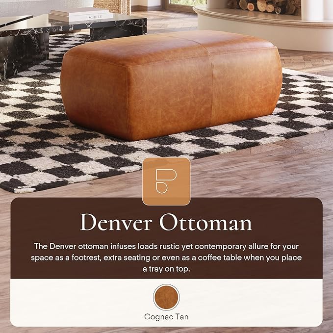 Poly & Bark Denver Ottoman – 43" Large Pouf with Feather-Down Topper – Full-Grain Leather Upholstered Pouf Ottoman for Living Room – Vintage Italian Leather in Cognac Tan