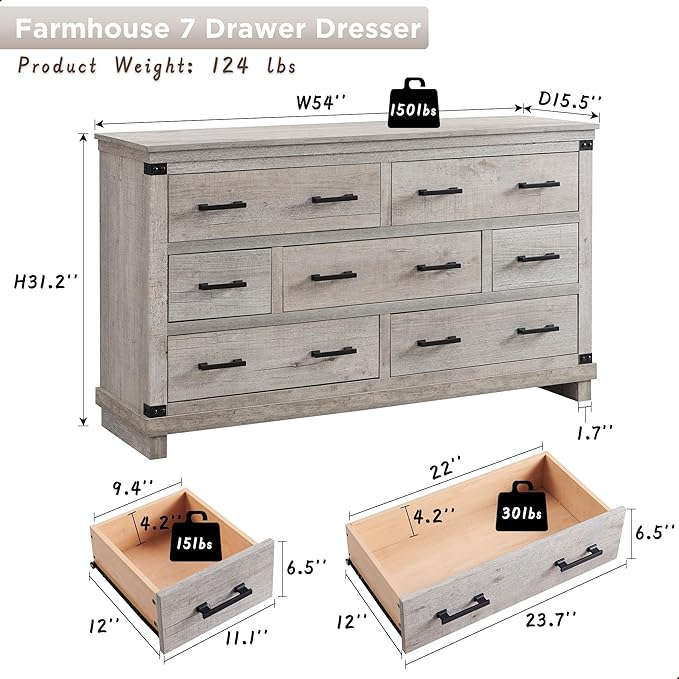 T4TREAM Farmhouse 7 Drawers Dresser for Bedroom, 54" Wide Wood Chest of Drawers w/Natural Texture & Metal Handle, Rustic Storage Dressers Organizer for Living Room, Hallway, Light Rustic Oak