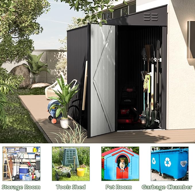 AECOJOY 4' x 6' Lean to Shed, Small Metal Outdoor Storage Shed, Wall Side Sheds & Outdoor Storage Cabinet Clearance, Bike Shed for Garden, Backyard and Outdoor Use in Dark Grey