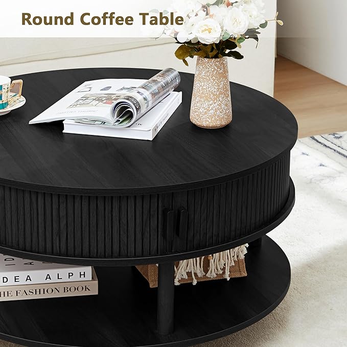 RARZOE 31.5" Round Coffee Table with Storage, Wood Circle Coffee Table with Sliding Cabinet Doors, Fluted Dining Table Accent Center Table for Living Room Home Office Apartment, Black