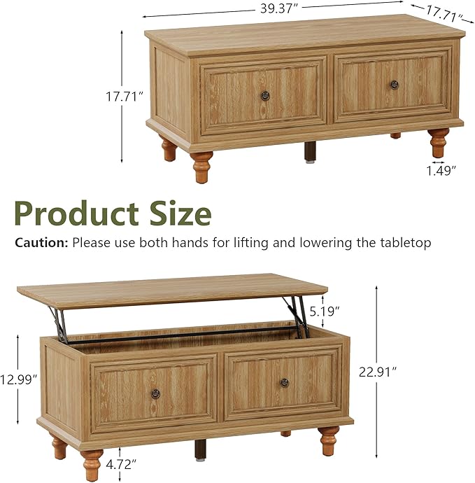 39" Lift Top Coffee Table for Hidden Compartment, Wood Coffee Tables with Shelf, Farmhouse Rectangular Center Table Dining Table for Living Room Home Office Small Space (Natural)