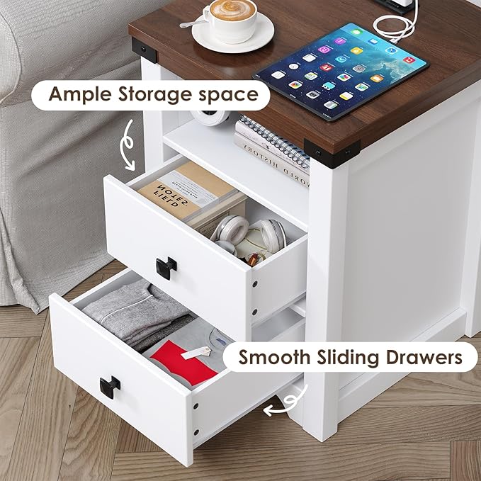Farmhouse 2 Drawers Dresser for Bedroom, Nightstand with LED Lights, Wooden Dresser Side Table with 2 Storage Drawers, Wooden End Table for Bedroom, White