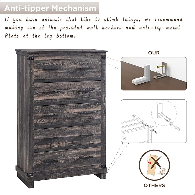 Farmhouse 5 Drawers Dresser for Bedroom, Wood Tall Chest of Drawers with Thick Plank Styling, Rustic Closet Dresser for Bedroom, Living Room, Dark Rustic Oak