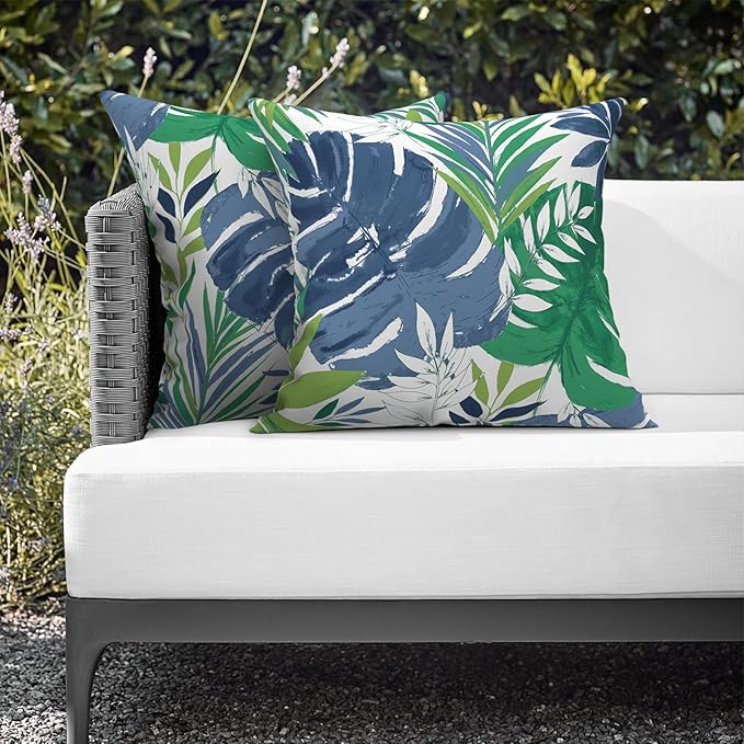 Outdoor Throw Pillows 16x16 Inch, Water Repellent Patio Pillows with Inners Set of 2, Outdoor Pillows for Patio Furniture Home Garden, Islamorada Blue Green