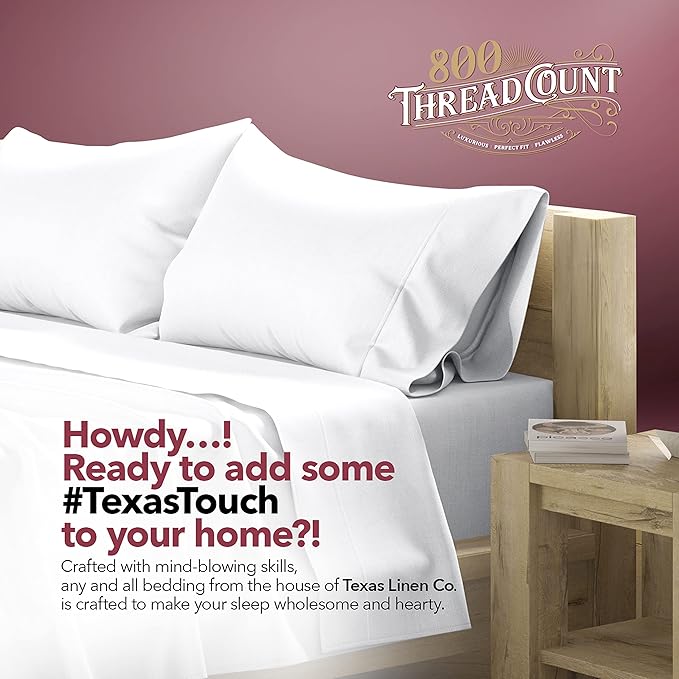 TEXAS LINEN CO. Luxury Egyptian Cotton Twin XL Sheet Set - 800 Thread Count 3 PC White Egyptian Cotton Sheets for Twin XL Bed, Extra Long Staple Silky Soft Cooling Sheets, 16" Deep Pocket Dorm Sheets