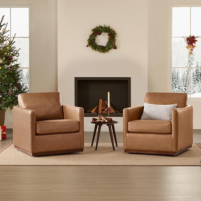 CHITA Genuine Leather Swivel Accent Chair, FSC Certified Mid Century Modern Arm Chair for Living Room and Bedroom, Fully Assembled, Saddle