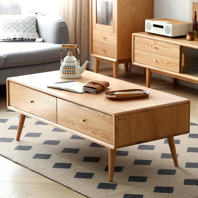 100% Solid Wood Coffee Table for Living Room, 47.24" W Mid Century Modern Coffee Table with 4 Drawers, Oak Coffee Tables for Home (Natural Wood Color, 47.24" W)