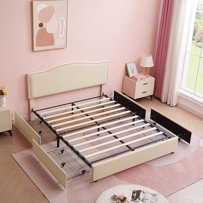 VECELO Queen Bed Frame, Platform Bed Frame with Underbed Storage Drawers and Adjustable Height Upholstered Headboard, Heavy-Duty Frame and Strong Wooden Slats Support, Noise-Free, Easy Assembly, Beige