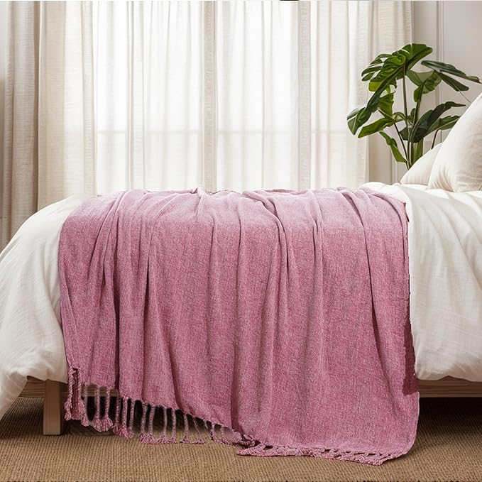 BATTILO HOME Chenille Throw Blanket for Couch, Soft Cozy Throw Blanket with Fringe Tassels, Lightweight Knitted Throw for Spring Summer, Pink, 50"x60"